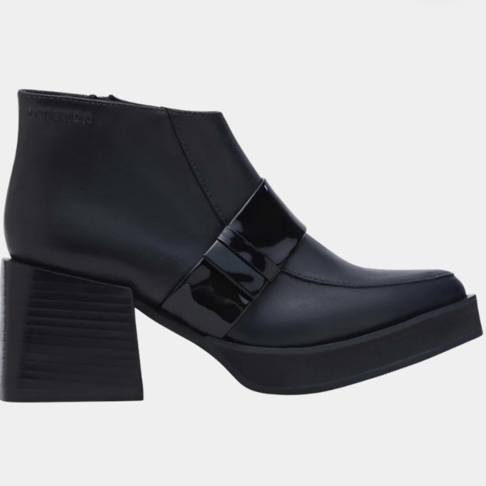 Rotunda Loupe Booties Black Leather Patent Strap Chunky Block Heel Ankle Size 9